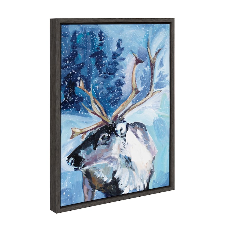 Kate and Laurel Sylvie Reindeer In Snow Framed Canvas by Rachel Christopoulos - 18x24 - Grey