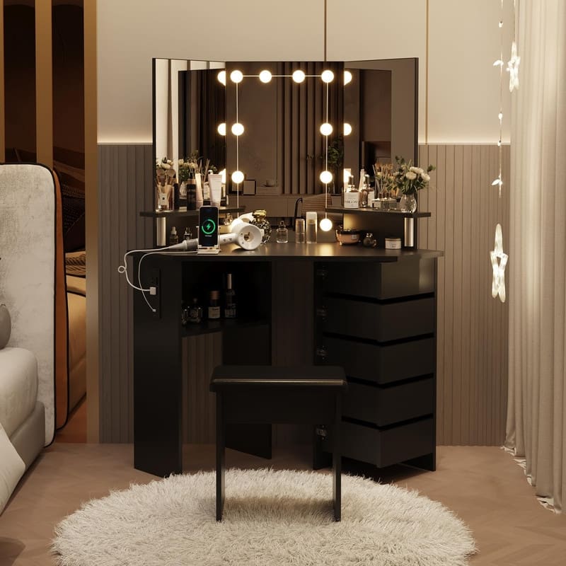 Makeup Vanity with Lights, Power Outlets, Tri-Fold Mirror, 5 Rotating Drawers, Stool