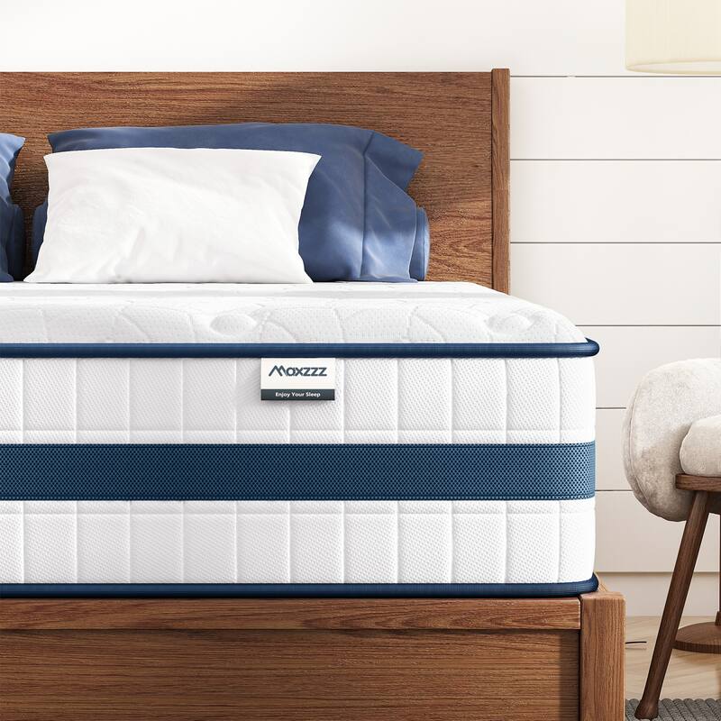 Roomfitters 12 Inch Queen Hybrid Mattress, High Density Memory Foam and 7-Zone Pocket Spring Bed for Back Support, White+Blue