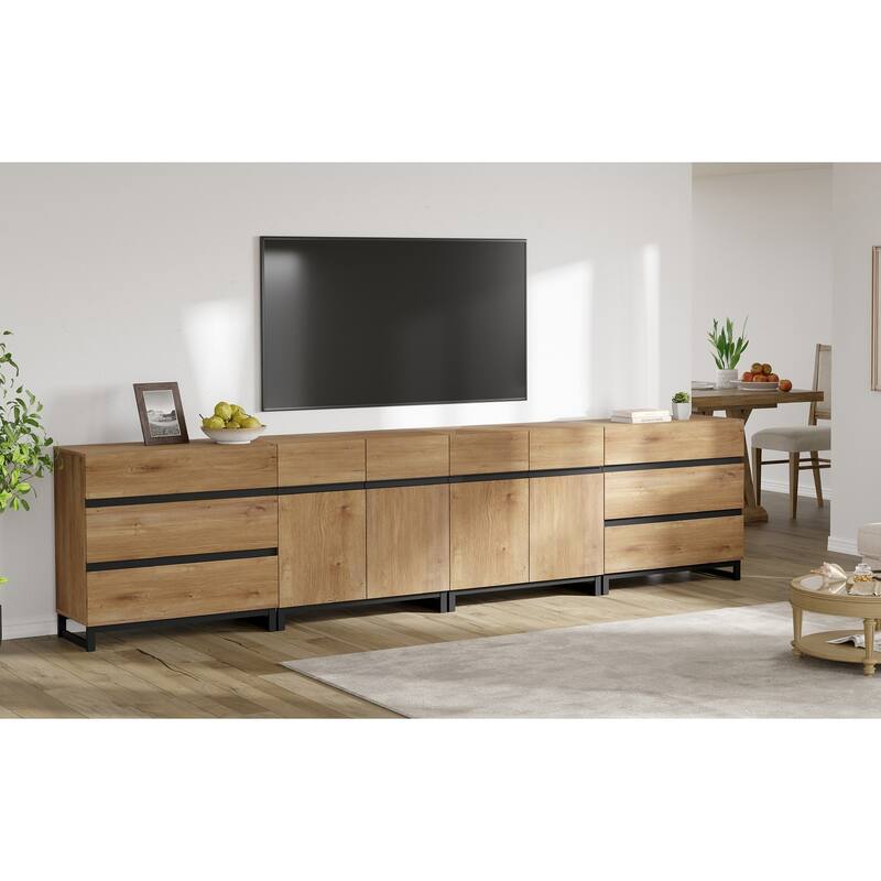 Modern TV Stand for TVs up to 120 Inches, 4-in-1 Media Console with 6 Drawers and Adjustable Shelves, Entertainment Center - 4 piece - Oak