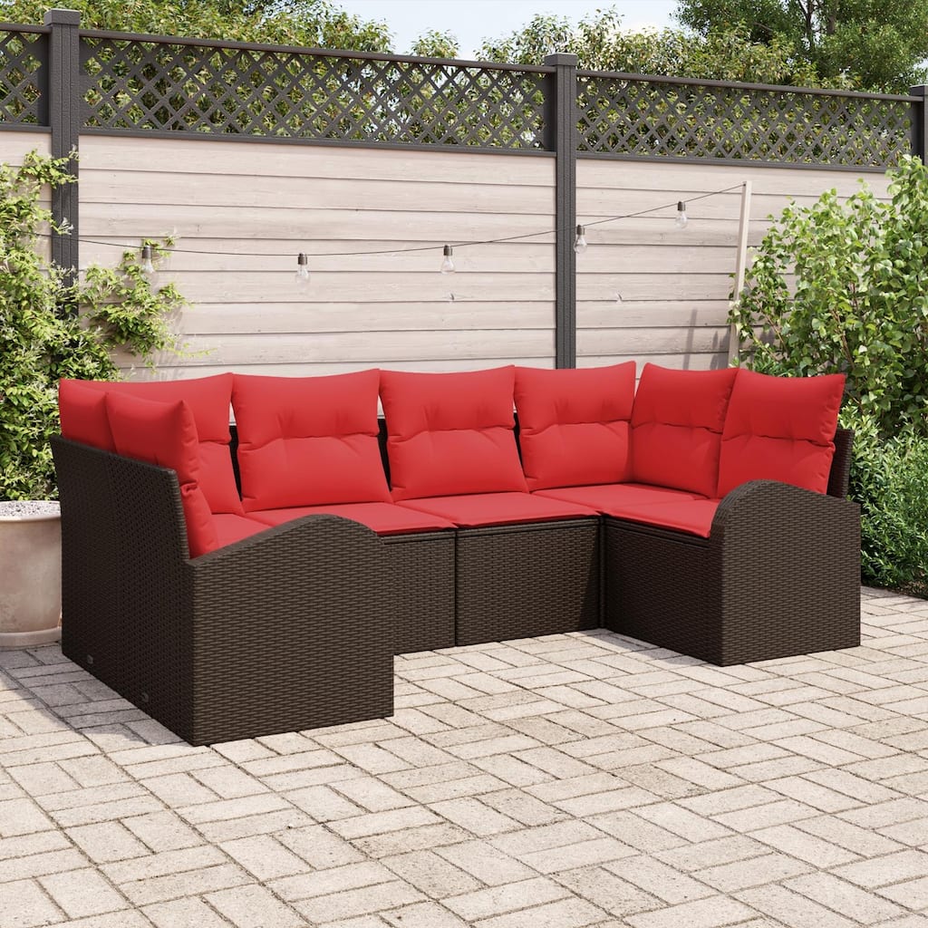 vidaXL 6 Garden Sofa Set with Cushions Black/Brown/Grey Poly Rattan - 92.1 x 48.8 x 27.2