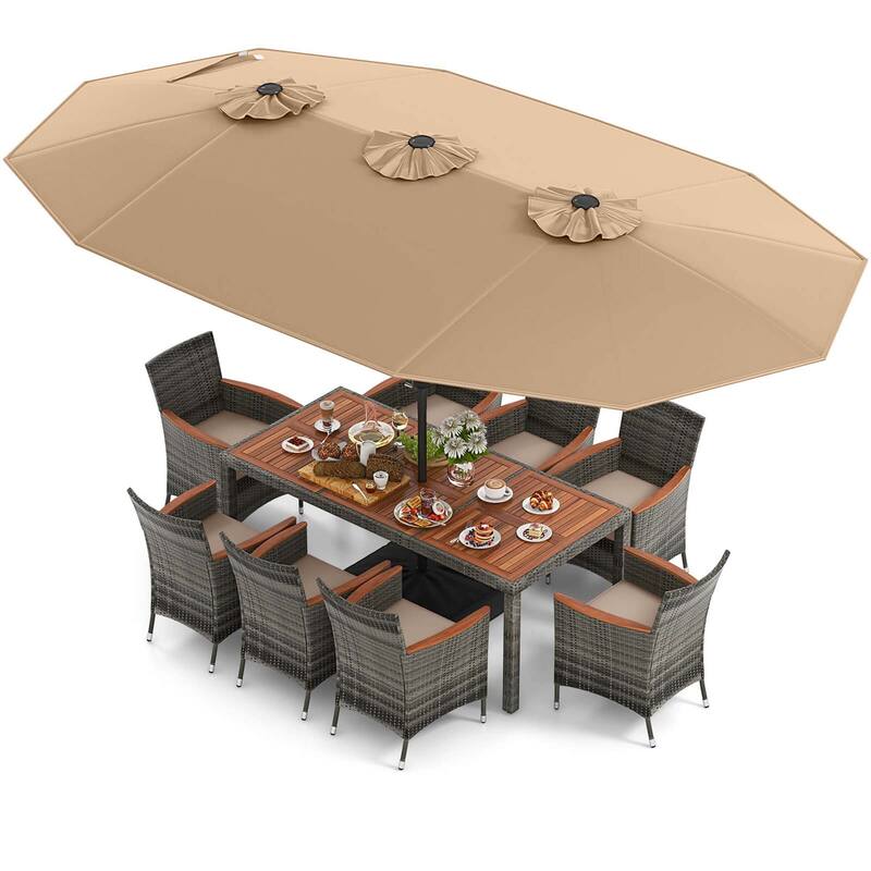 10 PCS Patio Wicker Dining Set Outdoor Furniture Set w/ Umbrella - Coffee