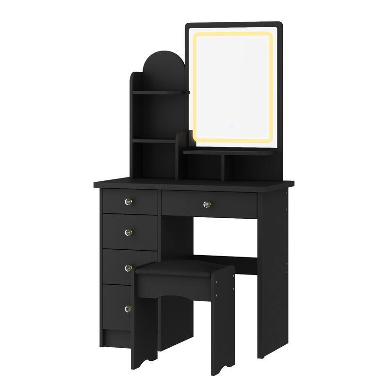 Vanity Desk with LED Lighted Mirror, Makeup Vanity Table with Drawers, Shelves and Stool