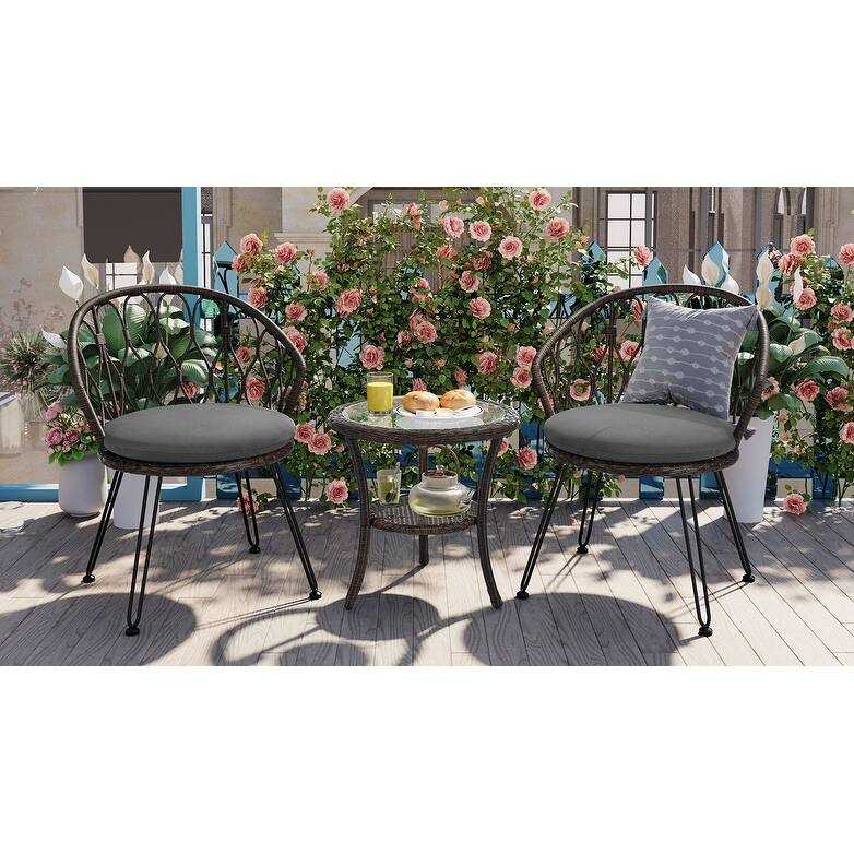 Outdoor Leisure Set,2 Rattan Single Chairs With A Glass Round Table,Perfectly Suited For Patios,Balconies,And Courtyards