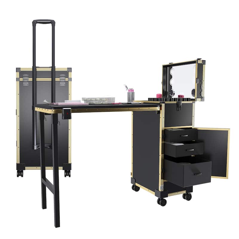 Roomfitters Portable Nail Table with LED Mirror, Lockable Drawers and Bluetooth, Folding Manicure Station on Wheels, Black
