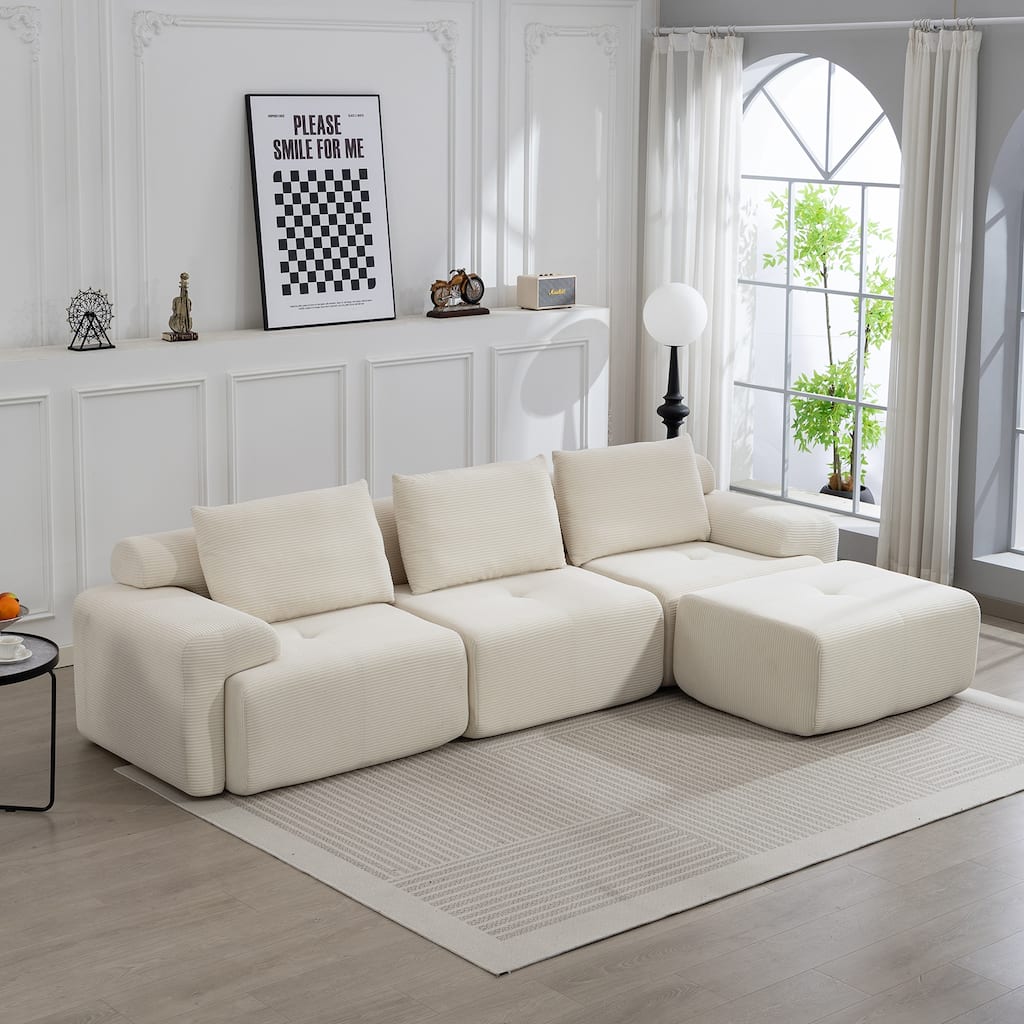 Corduroy Modular Sleeper Sofa Bed with Ottoman, L-shaped Sectional Couches for Living Room with Memory Foam and Steel Frame