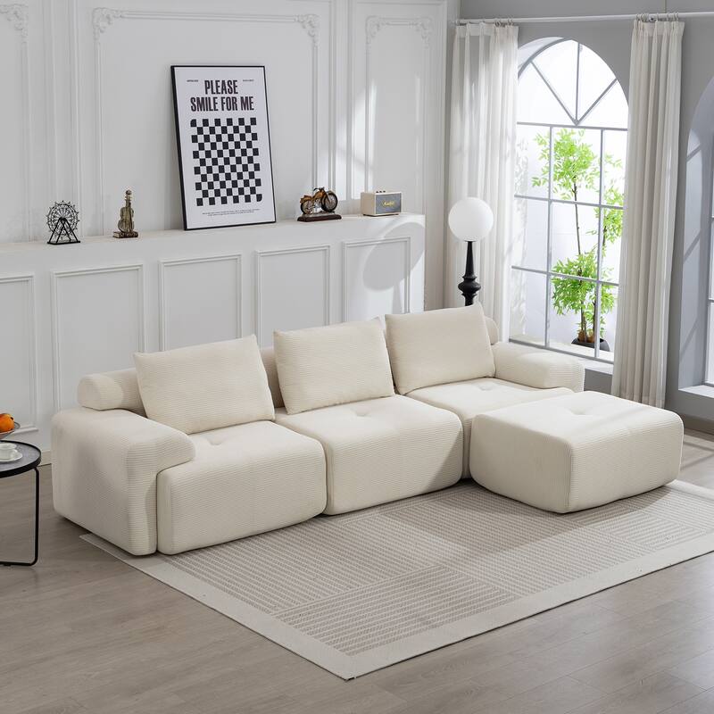 L-Shaped Convertible Sectional Sofa Bed - Memory Foam Cushions & Steel Frame, No Assembly Corduroy Sofa for Apartments - White