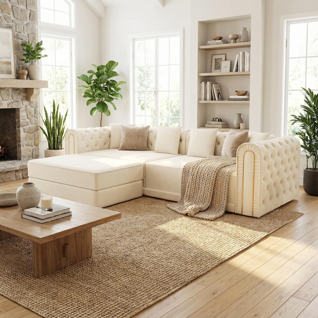 Homy Casa 90.6" 3-in-1 Convertible Sleeper Sofa with Button Tufted & Gold Trim, Movable Ottoman