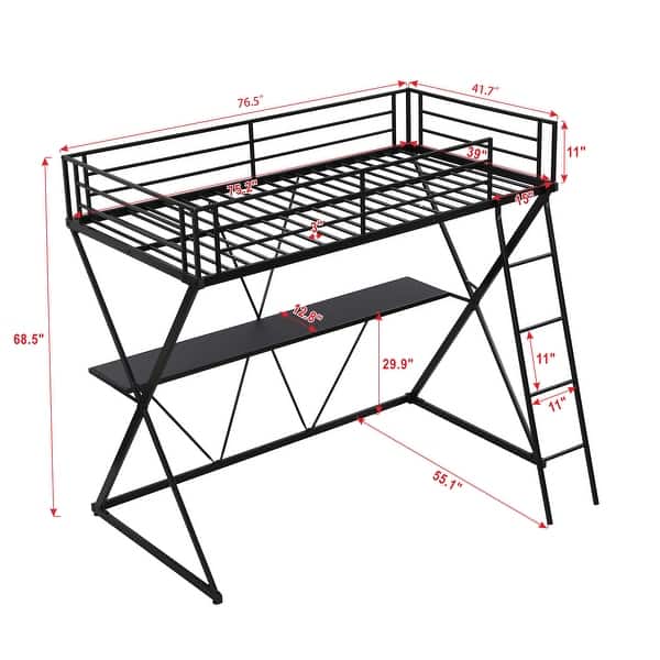 Twin Loft Bed with Desk and Guardrails, X-Shaped Frame, Black