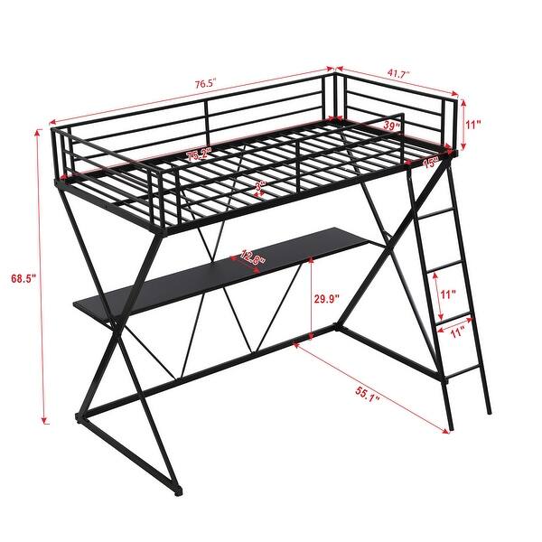 Twin Metal Loft Bed with Built In Desk Guardrails Ladder and X Frame Support