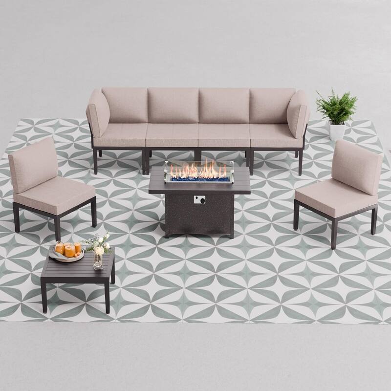 Kullavik 7 Piece Outdoor Furniture Set, Modern Metal Sectional Sofa with Thick Cushions and Coffee Table
