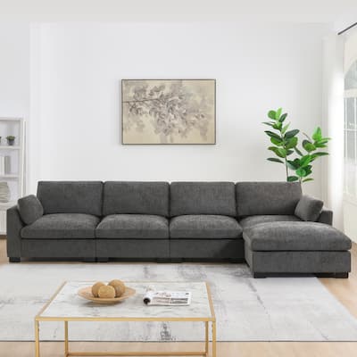 Modular L-Shape Sectional Sofa Set with Folding Table, Dual-Port Charging, Side Pockets, 2 Armrest Pillows and Ottoman
