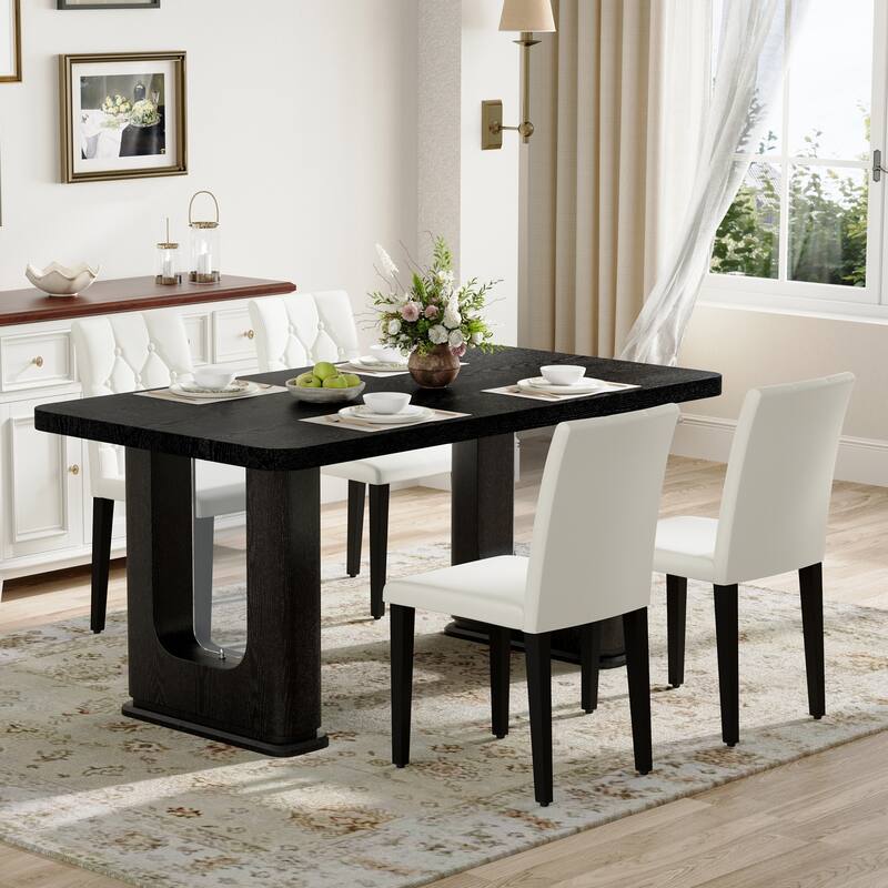 Set of 5 Piece Dining Table and Chair Set MDF Top Glass Insert PU Seat Buckle Backrest