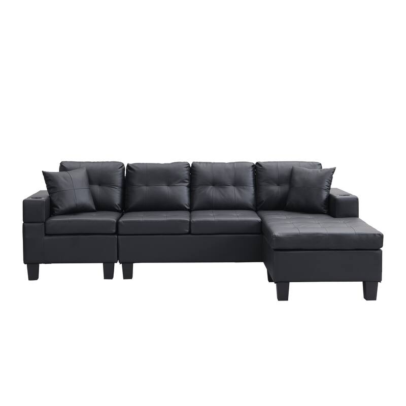 Leather Sectional Sofa L Shape Chaise Lounge with Cupholder & Ottoman