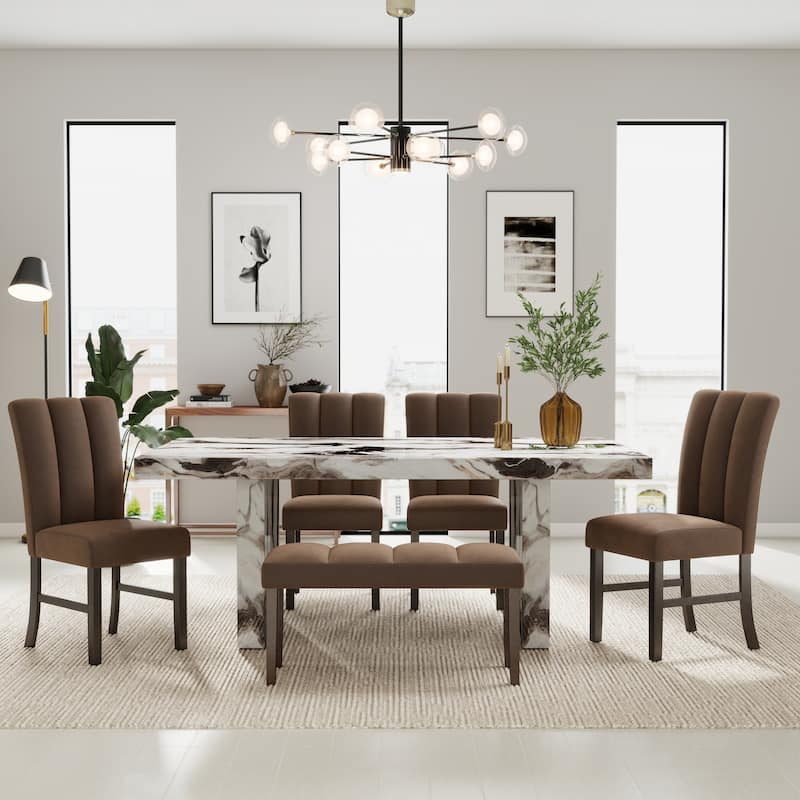 Roundhill Furniture Cavira 6-Piece Modern Faux Marble Dining Set, Double Pedestal Table with 4 Upholstered Chairs and a Bench