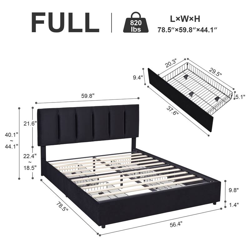 Black Bed Frame with 4 Storage Drawers, Upholstered Platform Bed Frame with Adjustable Headboard