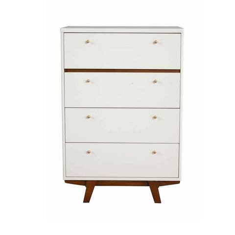 4 Drawer Wood Chest with Round Pulls and Angled Legs, White and Brown
