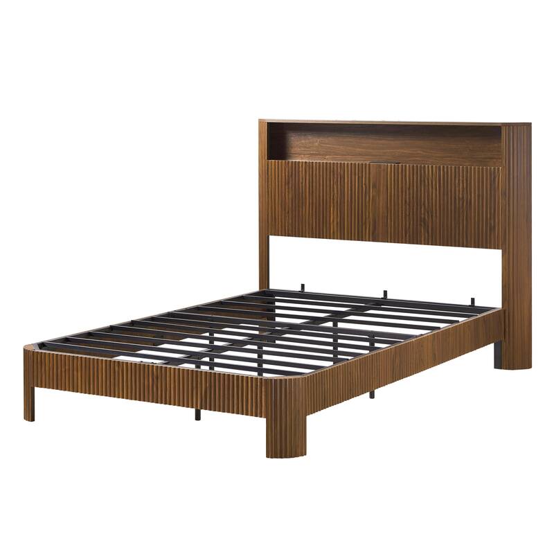 Full XL Bed Frame with Storage Headboard, Charging Station, Wavy Design, Silent Operation, Walnut Finish