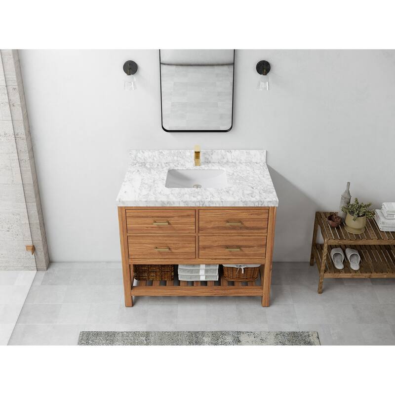 Willow Collections 42 in. W x 22 in. D Parker Solid Teak Single Sink Bathroom Vanity with Countertop - 2"Carrara Marble - Golden Teak