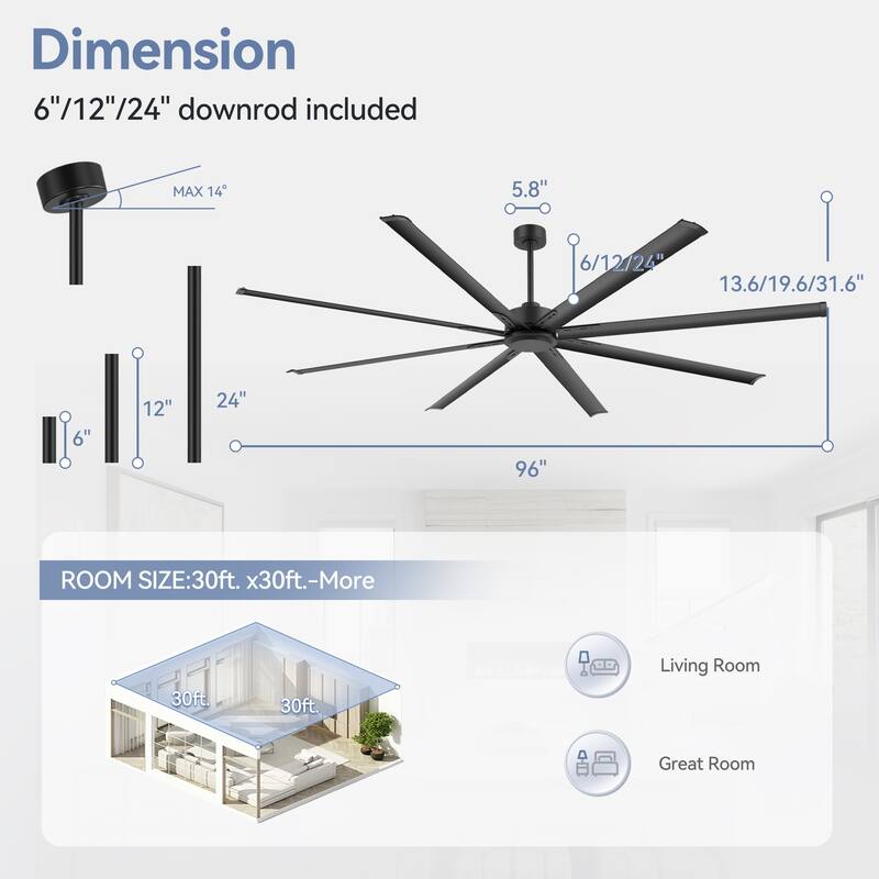 Large 72"/84"/96"/120" Black Ceiling Fan with Remote without Light-6/8 Aluminum Blades