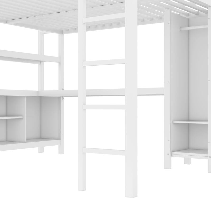 Queen Size Metal Loft Bed with Wardrobe, L-shaped Desk, and Storage Shelves for Kids, Teens, and Adults