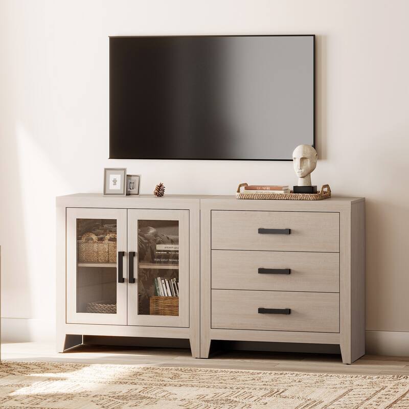 WAMPAT Farmhouse Buffet Cabinet, 2-Piece Sideboard with Glass Door & Storage Drawers for Kitchen