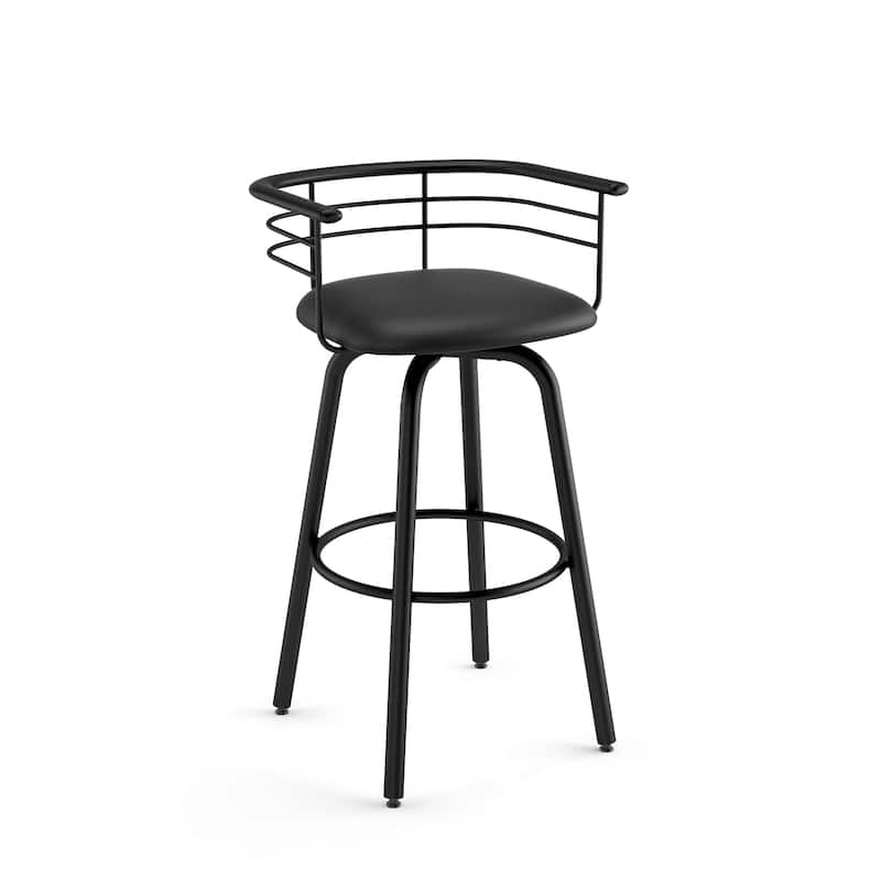 Amisco Turbo Swivel Bar Stool with Distressed Wood Seat - Black Faux Leather / Black Metal