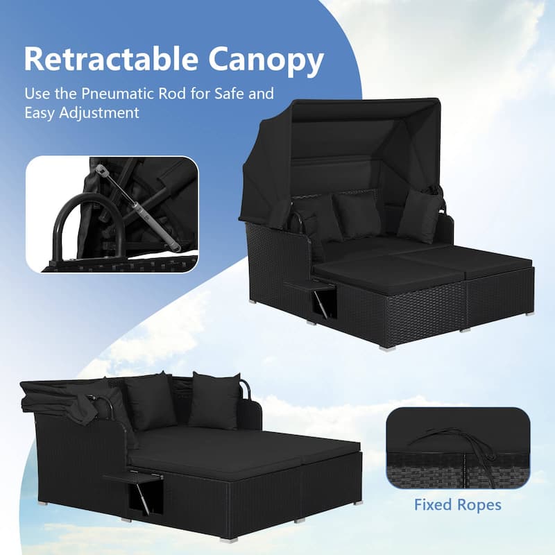 Costway Patio Rattan Daybed Lounge Retractable Top Canopy Side Tables - See Details