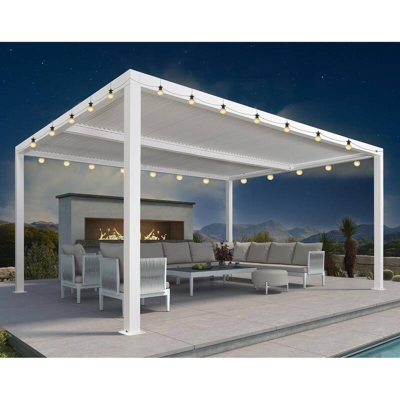 PURPLE LEAF Louvered Pergola with Solar Lights Hardtop Gazebo for Patio - 12' x 16' - White