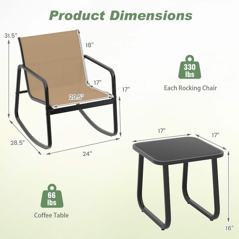 Gymax Set of 3 Patio Rocking Set 2 Rocking Bistro Chairs & Glass-Top