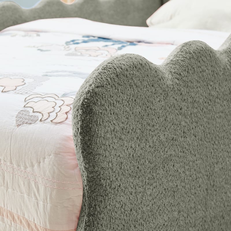 Twin Dinosaur-Shaped Kids Bed with Safety Guardrail - Solid Wood Toddler Bed Frame in Boucle Fabric