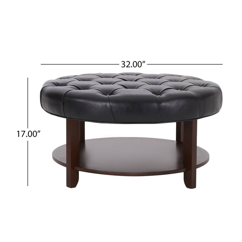 Rumbrook Faux Leather and Rubberwood Round Ottoman with Open Shelf by Christopher Knight Home