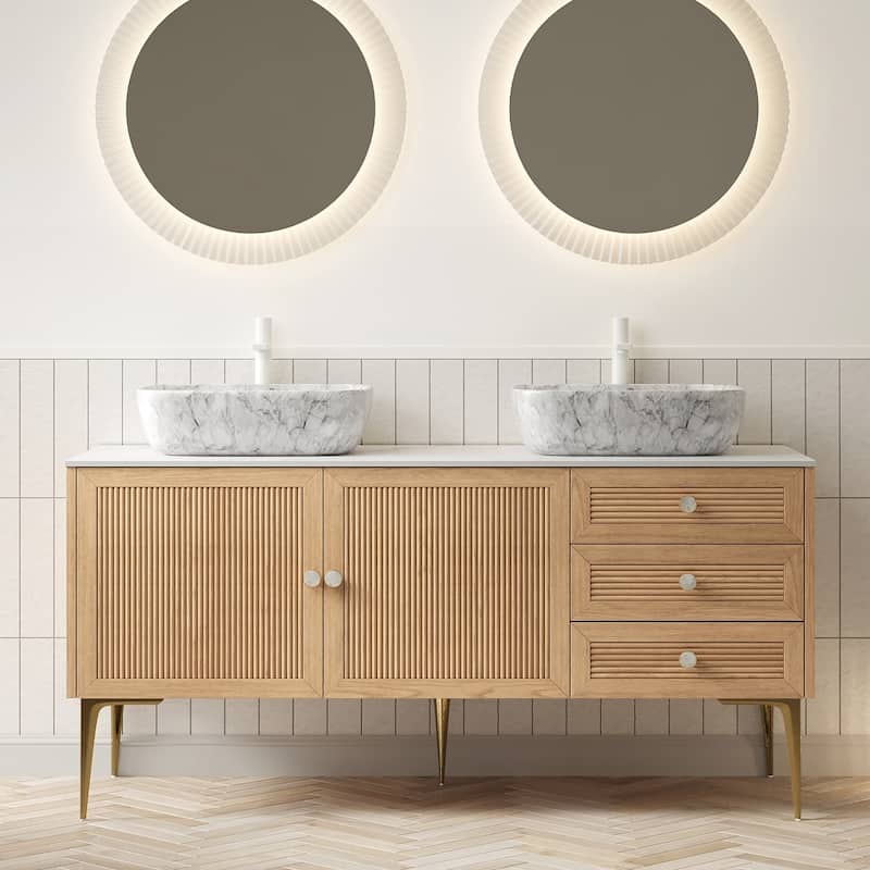 Freestanding Bathroom Vanity with Sintered Stone Top and Rectangle Ceramic Round Basin - 60'' x 22.05'' x 34.25''