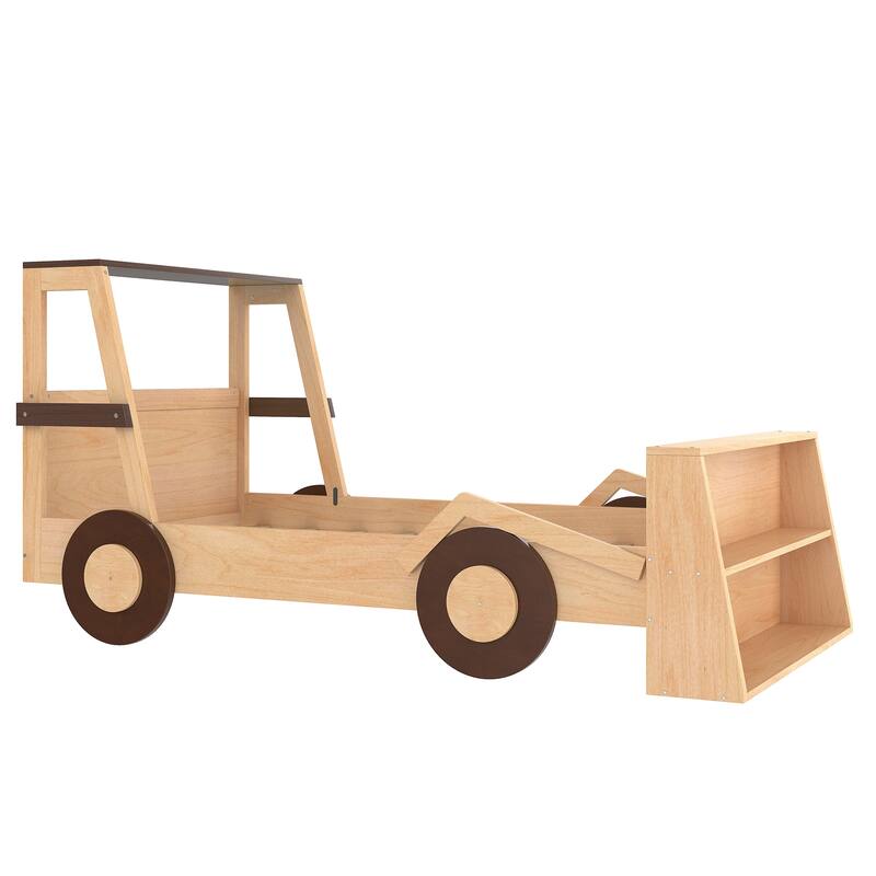 Low Platform Bed for Kids Car-shaped Bed Frame with Front Storage Shelves, Headboards and Wheels, No Box Spring Needed