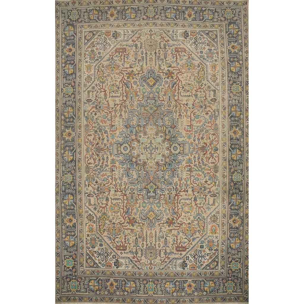 Hand Knotted Oriental 100% Wool Carpet Traditional Floral Beige & Ivories Tabriz Area Rug - 12' 8'' X 9' 5''