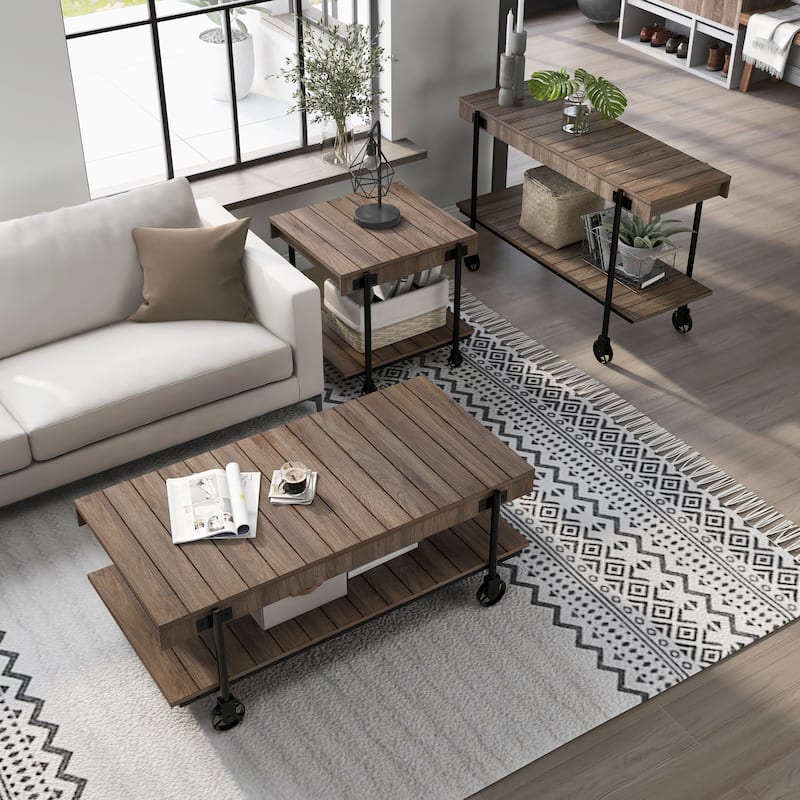 Hyssop Farmhouse Steel 3-Piece Coffee Table Set with Shelf by Furniture of America