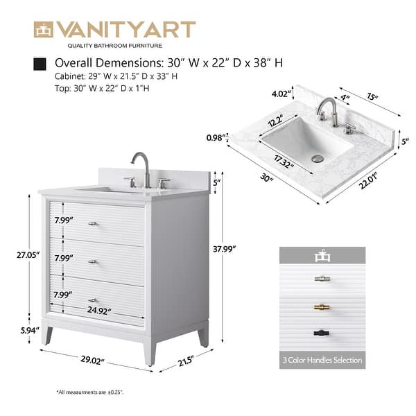 dimension image slide 2 of 5, Vanity Art 30" Freestanding Bathroom Vanity with Engineered Marble Top and Sink