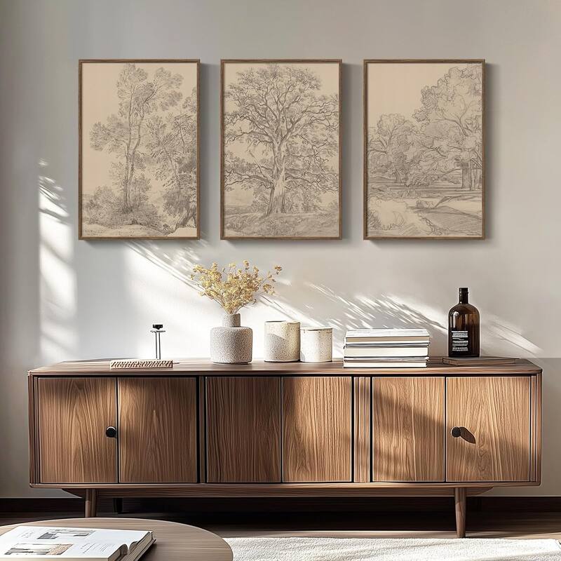 Big Tree Sketch Botanical Forest Antique Canvas Artwork Set