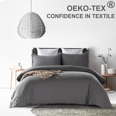 Linen Duvet Cover with Pillow Shams, 3 Pieces Set, Vintage Stone Washed Fabric, Basic Style, Corner Ties