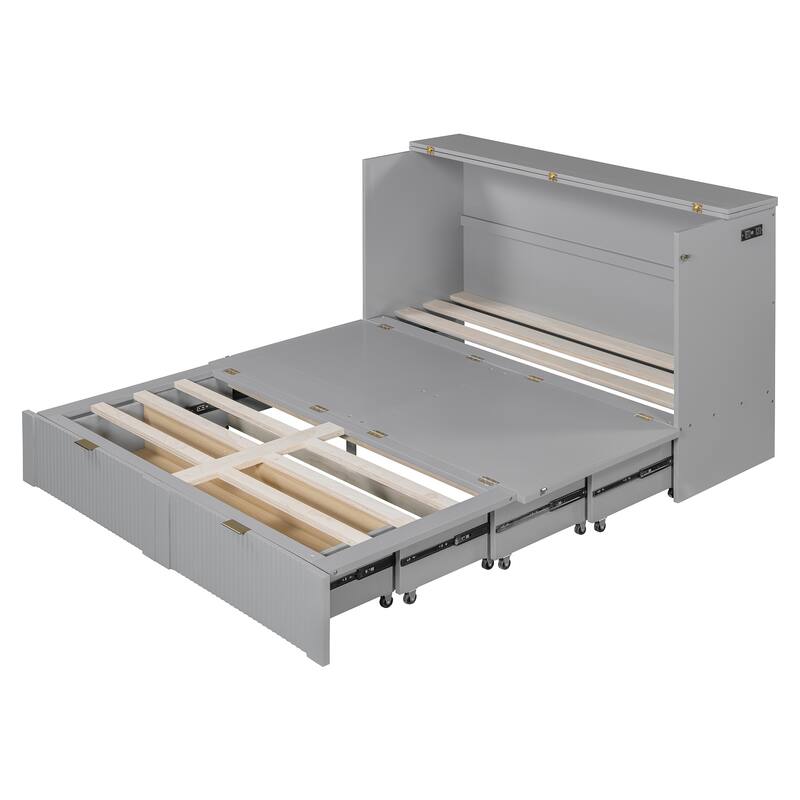Queen Size Wall Bed with Drawer, USB Ports & Smooth Pulley Mechanism, Space-Saving Gray Cabinet Bed