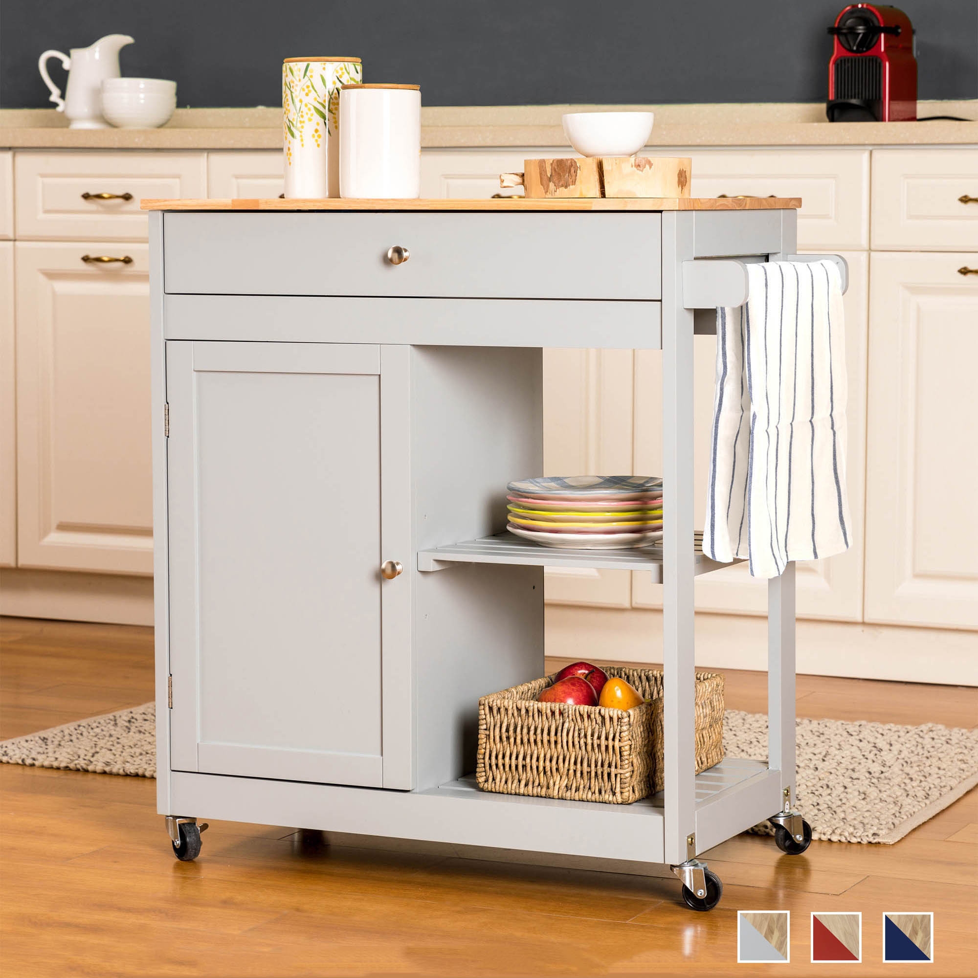 Rolling kitchen sales island with stools
