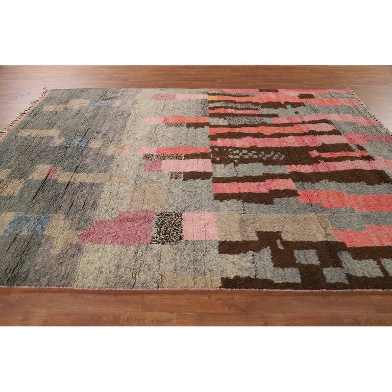 Plush Moroccan Oriental Area Rug Handmade Grey Wool Carpet - 7'10" x 10'4"