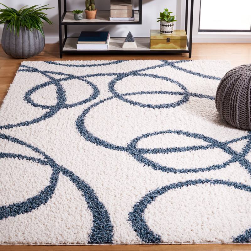 SAFAVIEH Calico Shag Engelina Abstract 1.5-inch Thick Rug - 4' x 6' - Ivory/Blue
