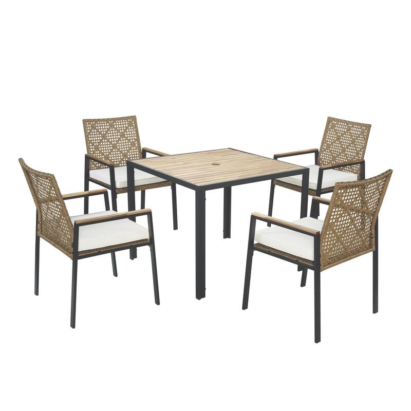 All Weather 5-Piece Patio Dining Table Sets, Patio Conversation Set Acacia Wood Table Top with Umbrella Hole, Rattan Outdoor