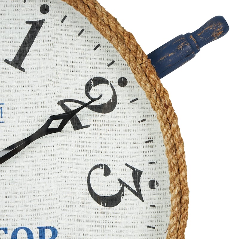 Wood Ship Wheel Decorative Wall Clock with Brown Rope Frame and Blue Spokes - White - Roche River Decor