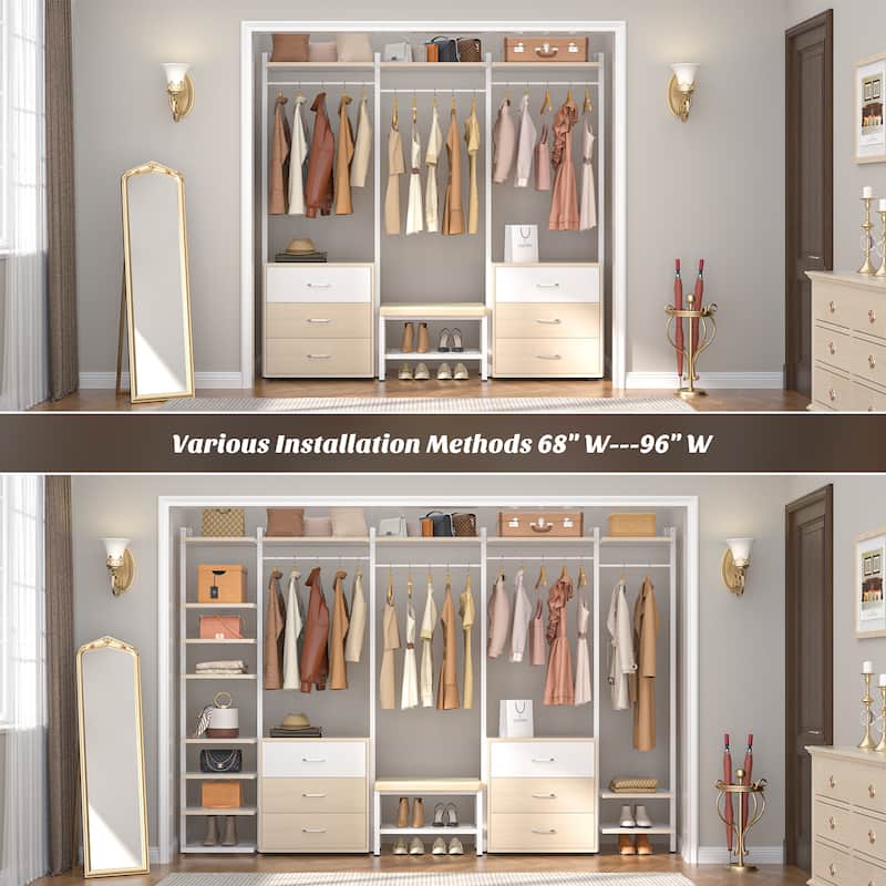 96'' Closet Organizer System with 6 Drawers, Clothing Rack Wardrobe Closet Garment Rack for Walk In Closets