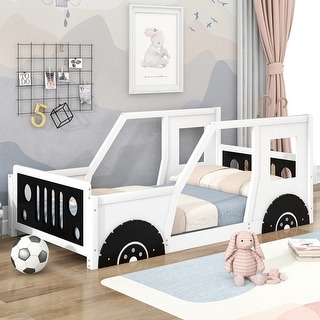 Classic Car-Shaped Wood Platform Bed with Wheels