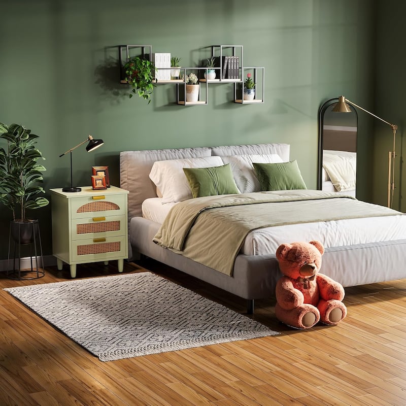 Rattan Nightstand, 3-Drawer Storage Bedside/End Table for Bedroom, Living Room, Sofa Side & Office