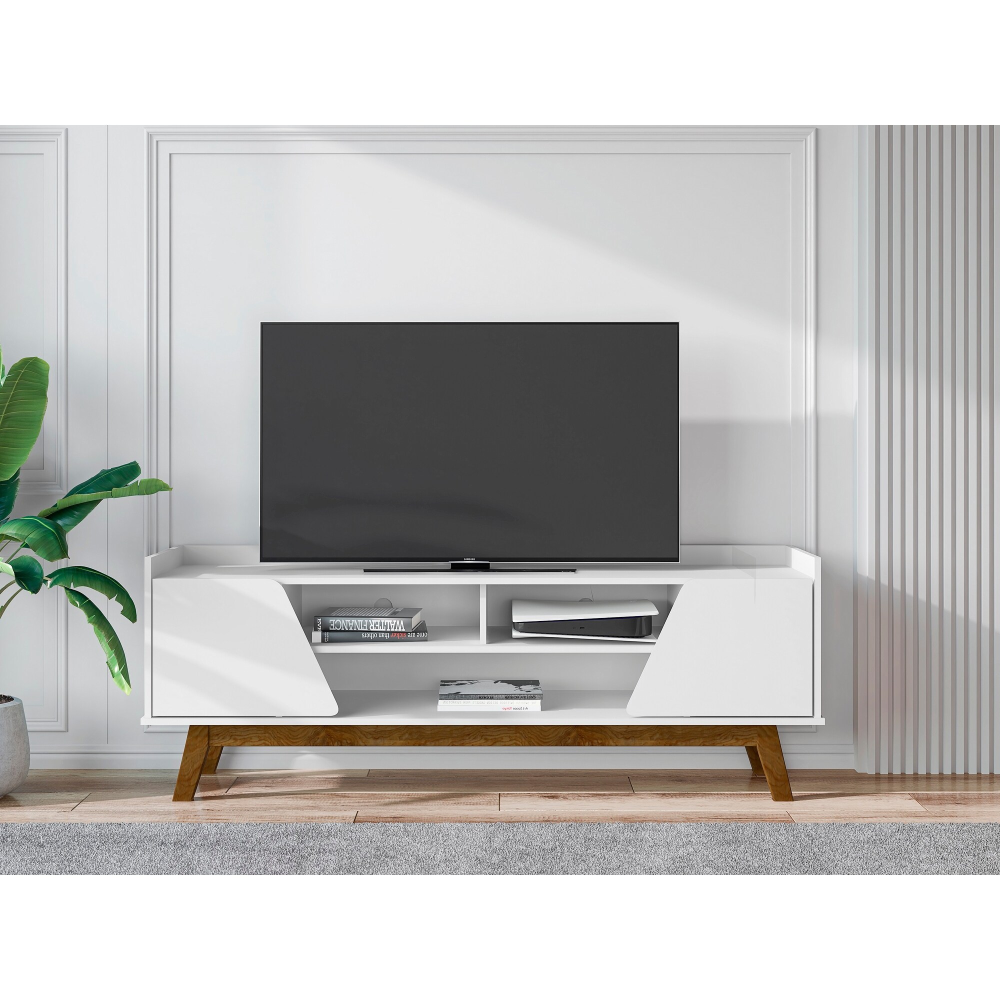63 Inch TV Stand White Finish Media Storage Console