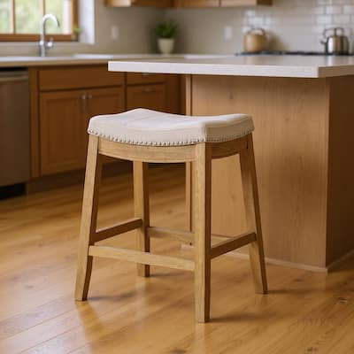 HomeRoots 26" Natural Fabric Faux Leather and Solid Wood Backless Counter Height Bar Chair